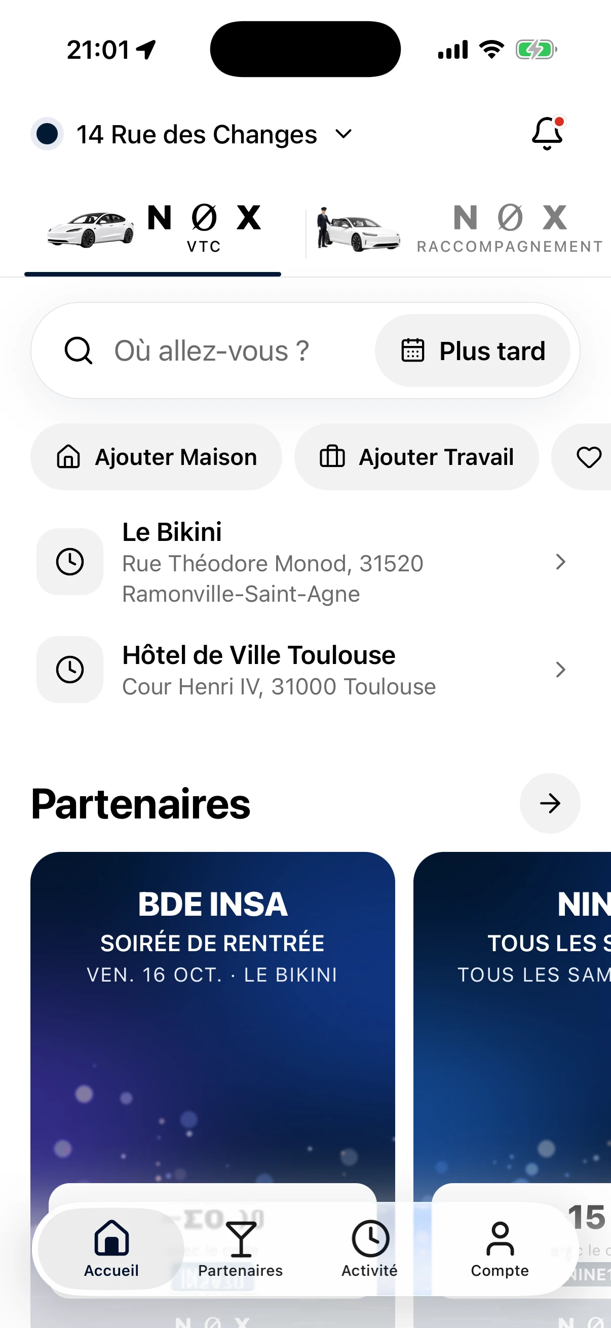 Écran d’accueil de l’app NOX : onglets VTC et Raccompagnement, « Où allez-vous ? », destinations récentes et partenaires