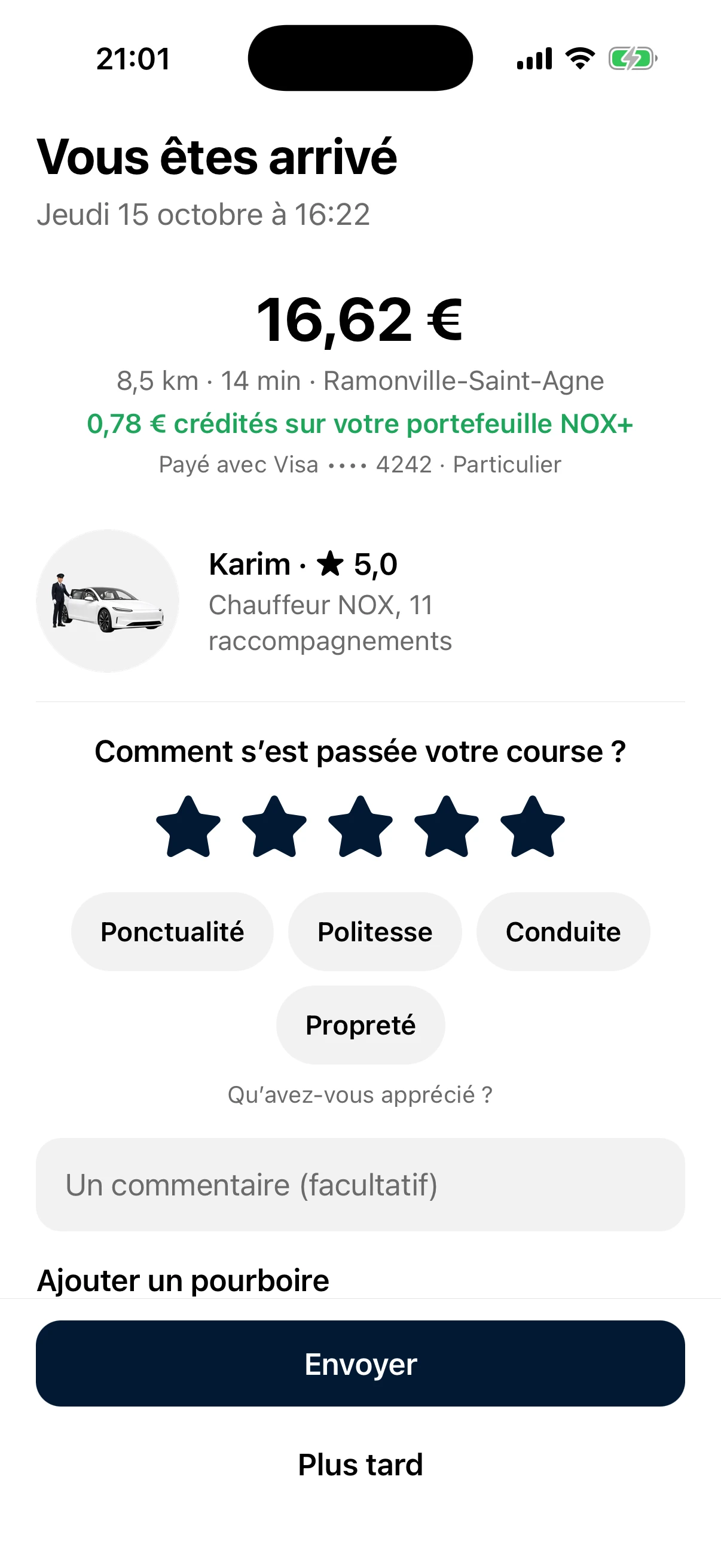 App NOX : vous êtes arrivé, prix payé, chauffeur noté cinq étoiles