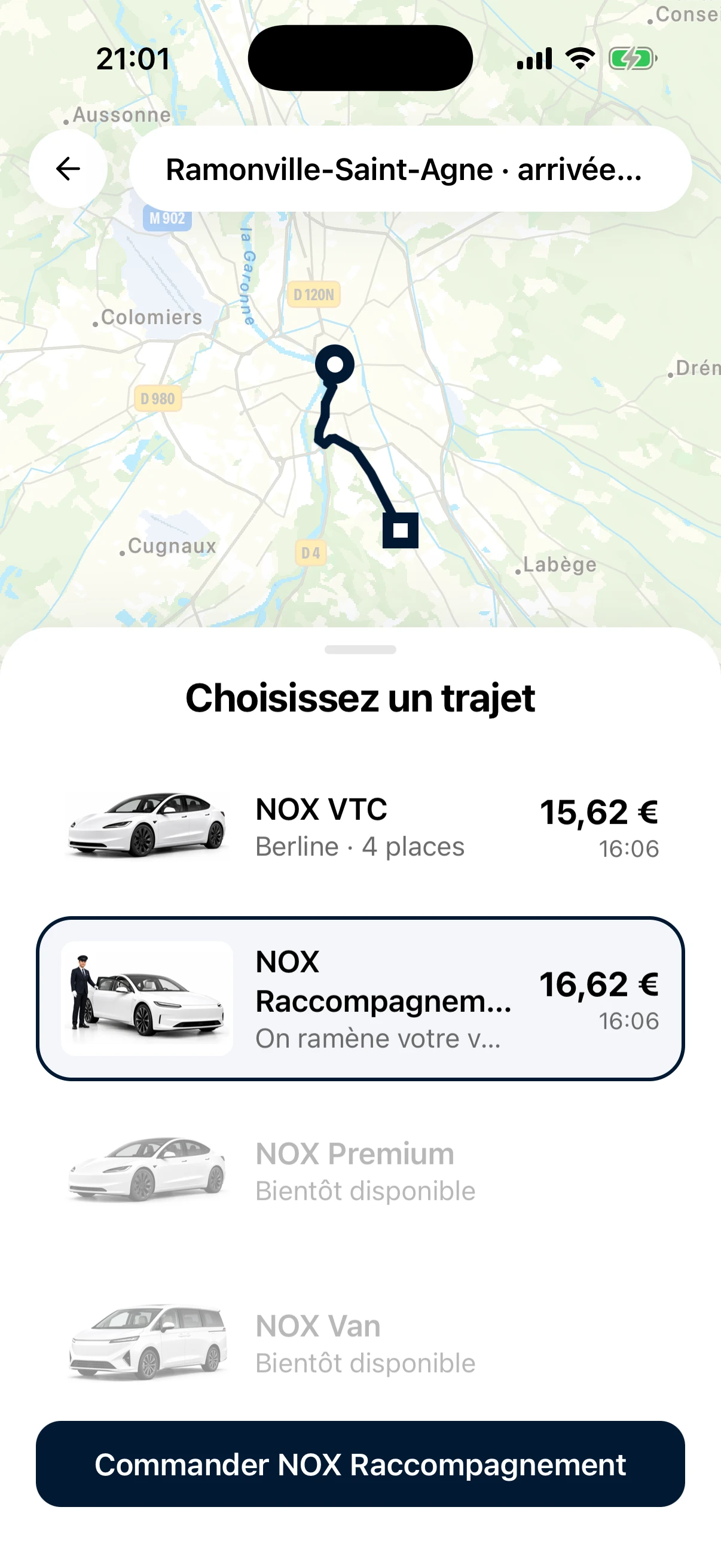 App NOX : choix du trajet vers Le Bikini, NOX Raccompagnement sélectionné avec son prix et l’heure d’arrivée