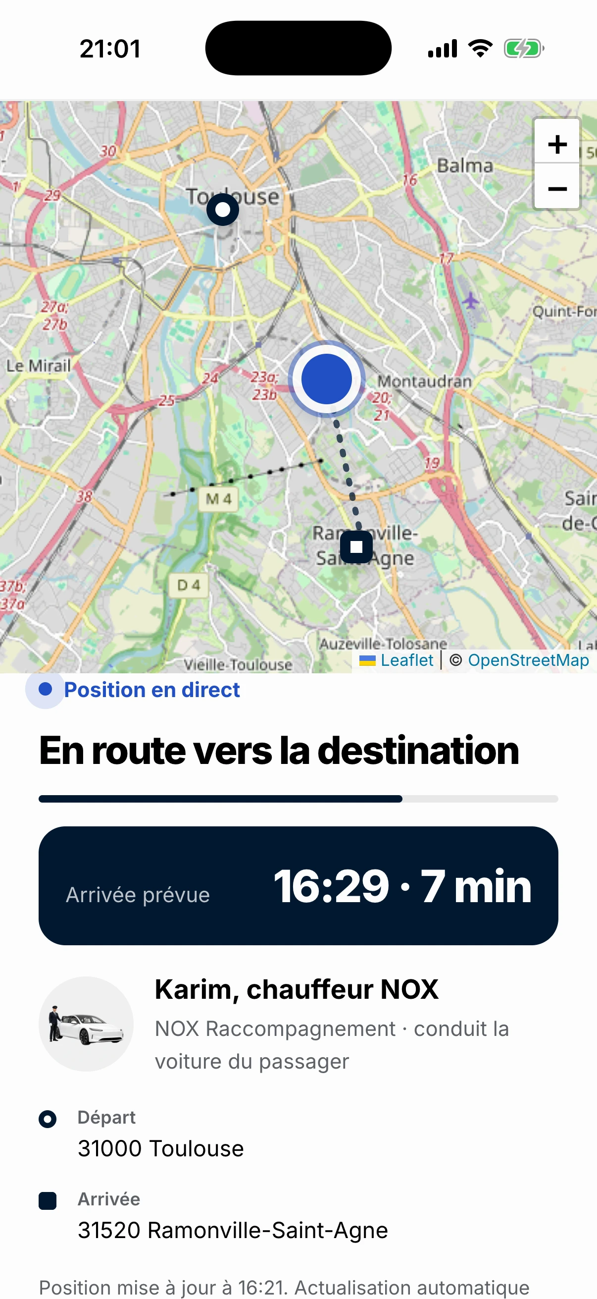 Page de suivi partagé NOX : le proche voit la position en direct, l’heure d’arrivée prévue et le chauffeur